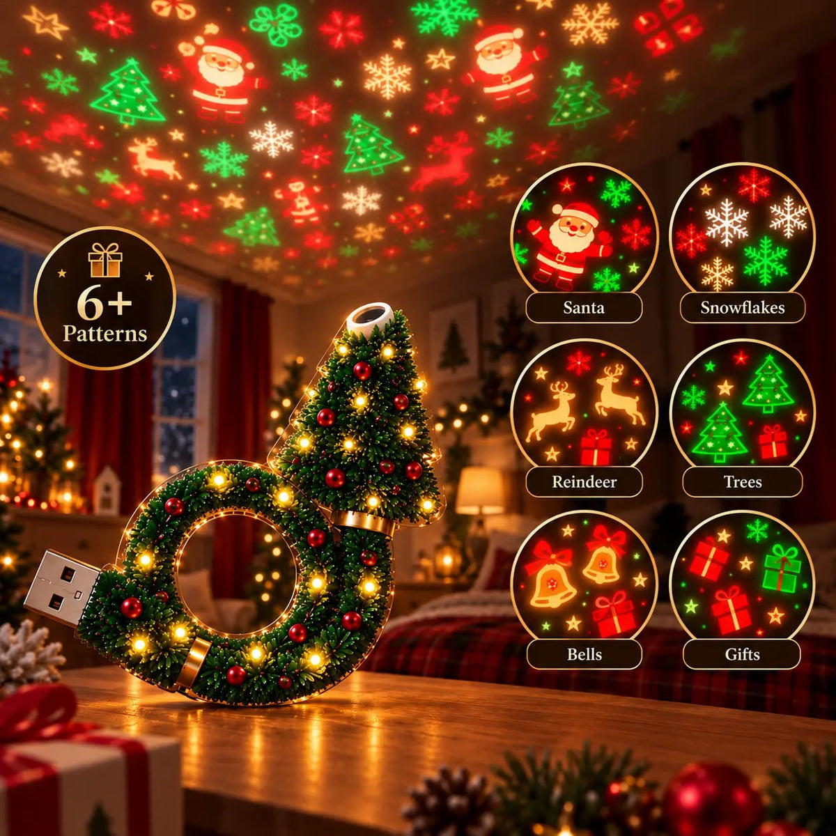 SEAGRIL™ USB Plug-In Christmas Projector Night Light, 6+ Holiday Pattern Ceiling Lamp