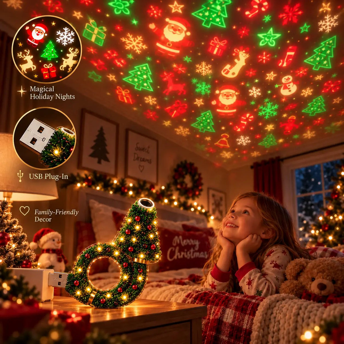 SEAGRIL™ USB Plug-In Christmas Projector Night Light, 6+ Holiday Pattern Ceiling Lamp